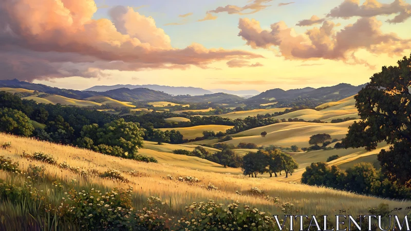 Sunlit golden hills roll beneath a softly glowing sky.