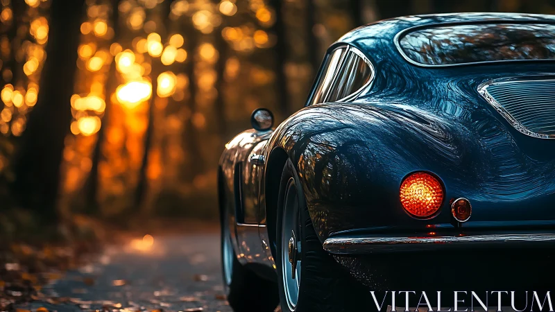 Vintage sports car glows against a golden forest sunset drive