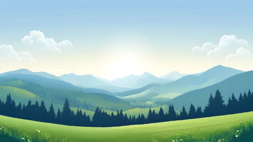 Layered blue mountains surround sunlit green valley