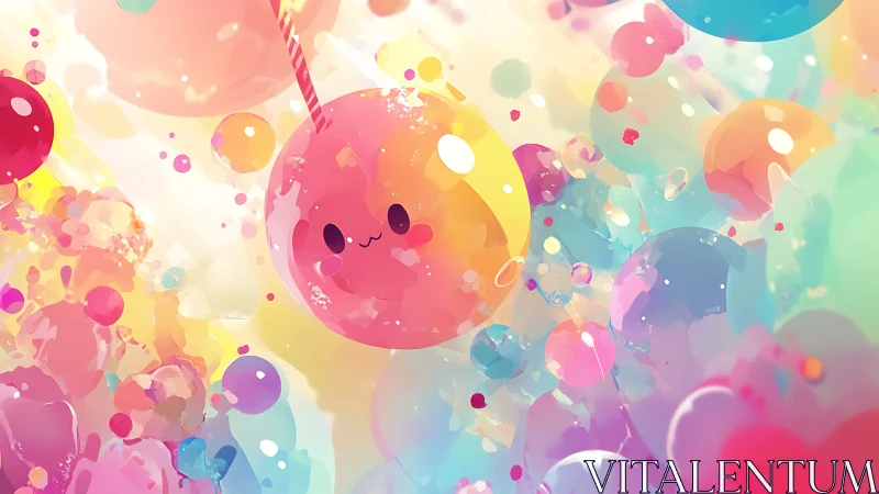 Multicolored spherical characters within abstract pastel field.