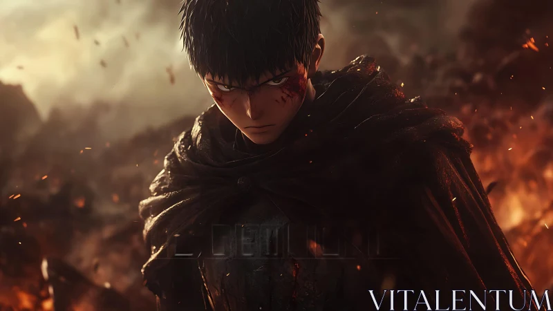 Cloaked male figure with facial scar in burning landscape.