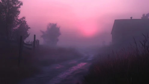 Foggy rural path curves toward distant pink sunrise glow