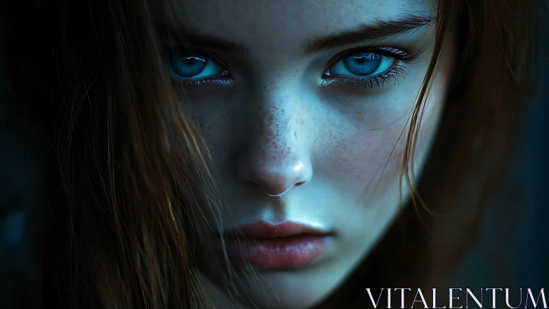 Quiet blue gaze framed by freckles and soft auburn hair.