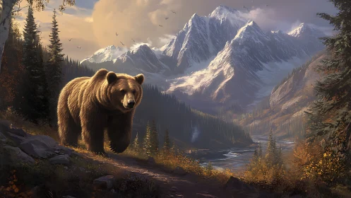 Majestic grizzly roaming beneath winter-kissed alpine giants.