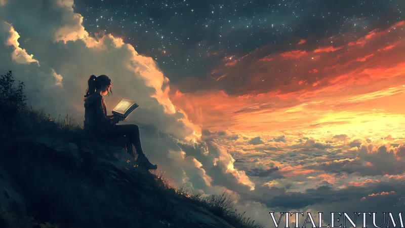 Girl reading a glowing book above clouds at twilight sky.