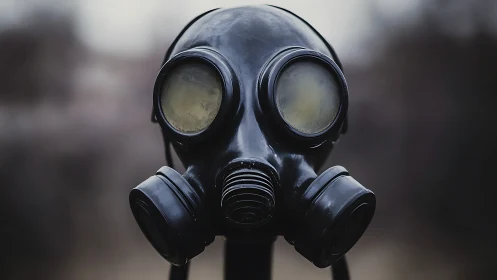 Close-up view of black gas mask against blurred background.
