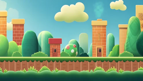 Colorful Pixel Game Level Landscape with Castles and Platforms.