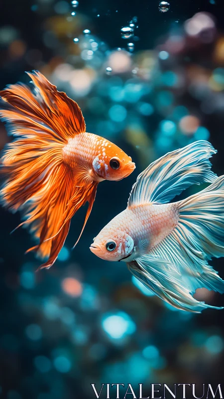 Vibrant betta fish glide through softly lit bokeh water