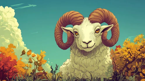 Majestic horned ram under clear autumn sky illustration.