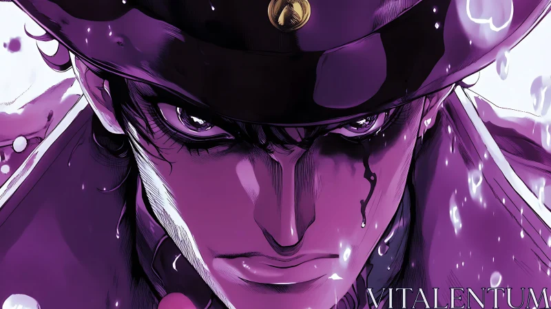 Intense purple anime hero close up with sharp focused stare.