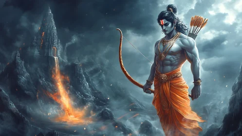 Digital painting of mythic archer amid volcanic temple storm.