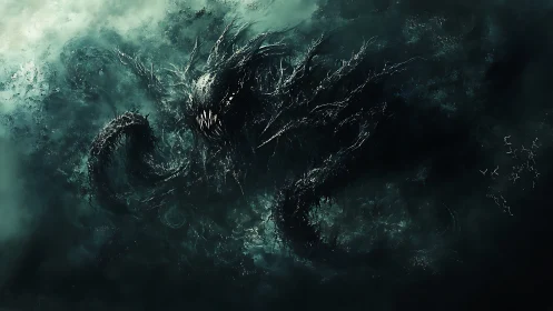 Stormlit abyss creature emerging from swirling dark waves.