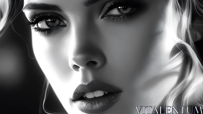Monochrome close-up portrait in hyperreal digital rendering.