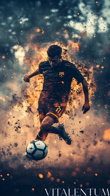 Blazing soccer kick caught in a swirl of sparks and smoke.