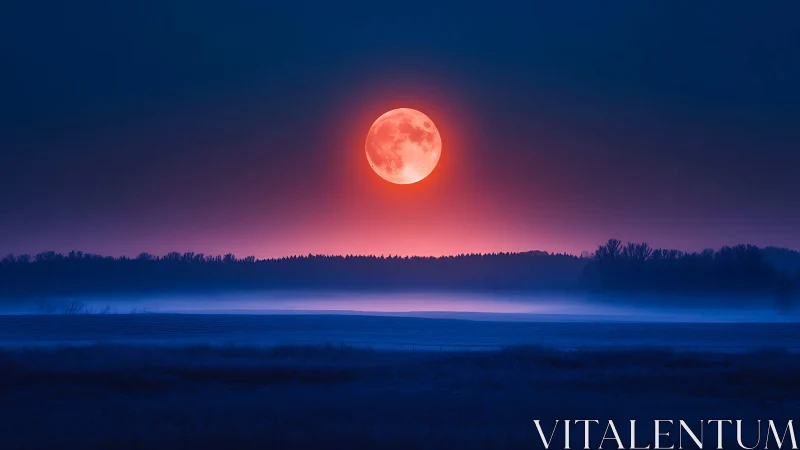 Cinematic blood moon over misty horizon in gradient twilight.