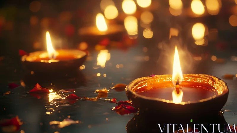 Diya oil lamps cast warm bokeh light across reflective surface