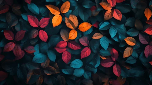 Colorful red, orange and teal leaves in dense foliage pattern.