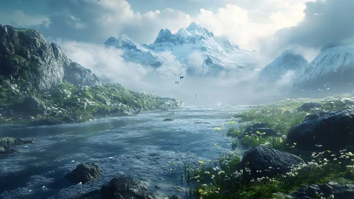 Snowcapped mountains rise over a tranquil, misty river valley