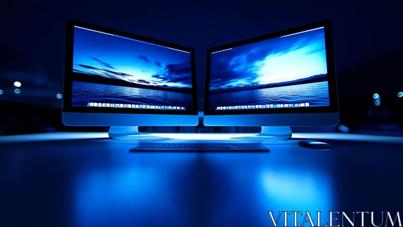 Calm dual monitors glow with soothing blue evening light.