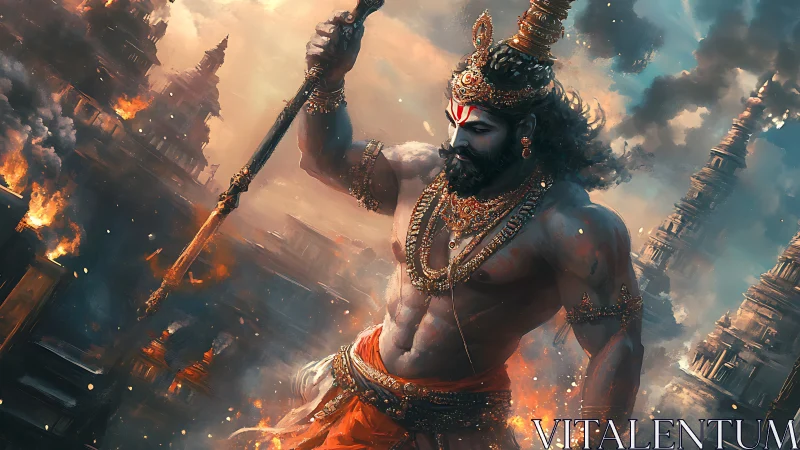 Majestic warrior deity strides through a blazing ancient city