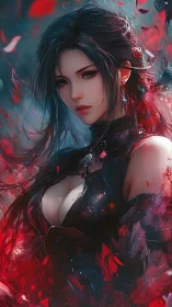 Dark-haired warrior sorceress stands amid swirling red petals