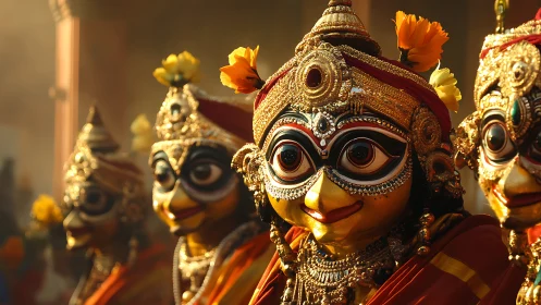 Gleaming festival idols with wide eyes in golden dusk light.