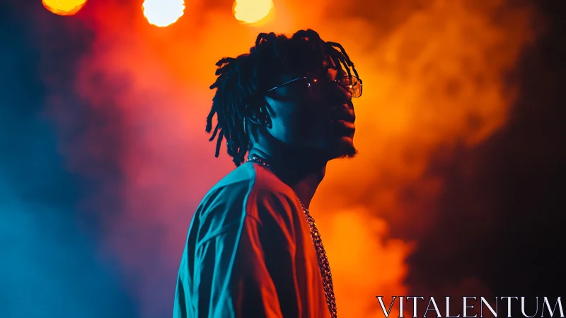 Portrait of hip-hop artist under neon orange blue haze.