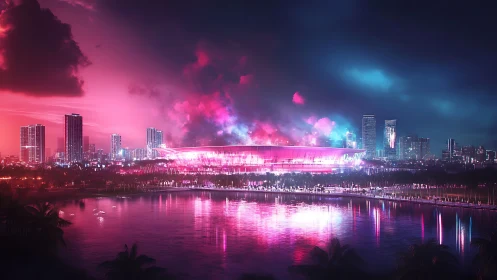 Illuminated urban stadium beside reflective waterfront at dusk.