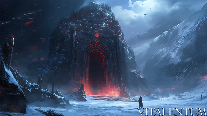 Colossal infernal gate carved into glacial mountain fortress wall