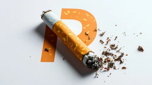 Crushed cigarette rests on bold orange letter graphic.
