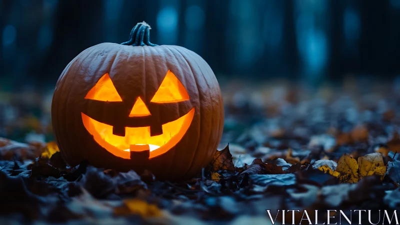 Glowing jack o lantern rests on damp forest floor at dusk
