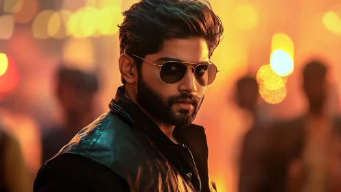 Bearded male in sunglasses against defocused urban lights.