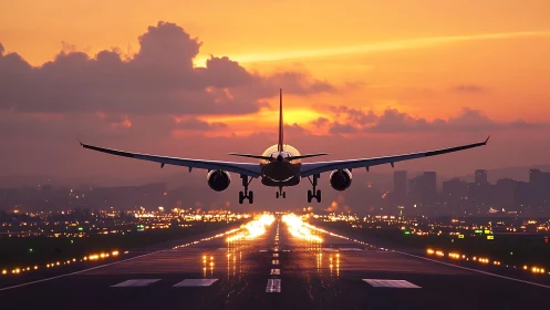 Passenger jet landing on illuminated runway at sunset.