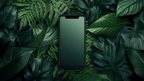 Calm smartphone oasis cradled by deep green jungle leaves.