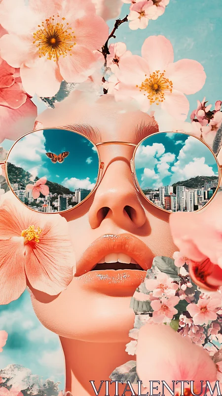 Floral sunglasses reflect a dreamy urban skyline in surreal calm.