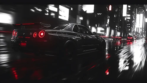 Street racer coupe slicing through neon city rainstorm.
