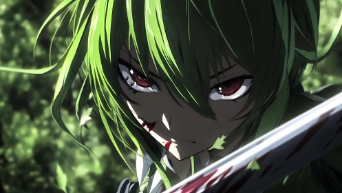 Green-haired anime warrior holds bloodied sword in forest