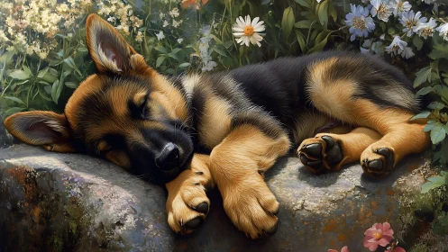 Sleeping shepherd puppy dreams peacefully in a flower garden