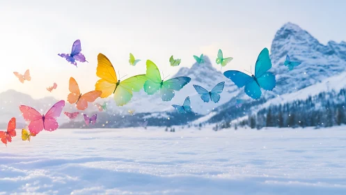 Rainbow butterflies drift over sunlit alpine snowfield.