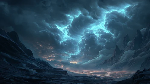 Storm-torn sky carves electric rivers above frozen valleys