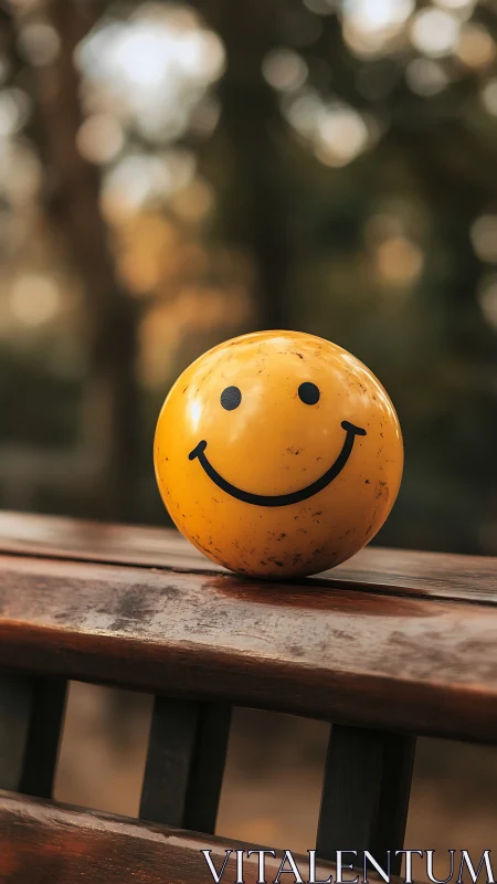 Yellow smiley ball on wooden bench in soft autumn light.