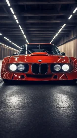 Tunnel-lit frontal study of red vintage BMW race coupe.