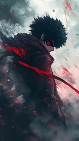 Brooding anime hero wrapped in stormy red energy glow.