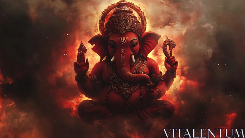Fiery digital rendering of seated Ganesha in radiant aureole