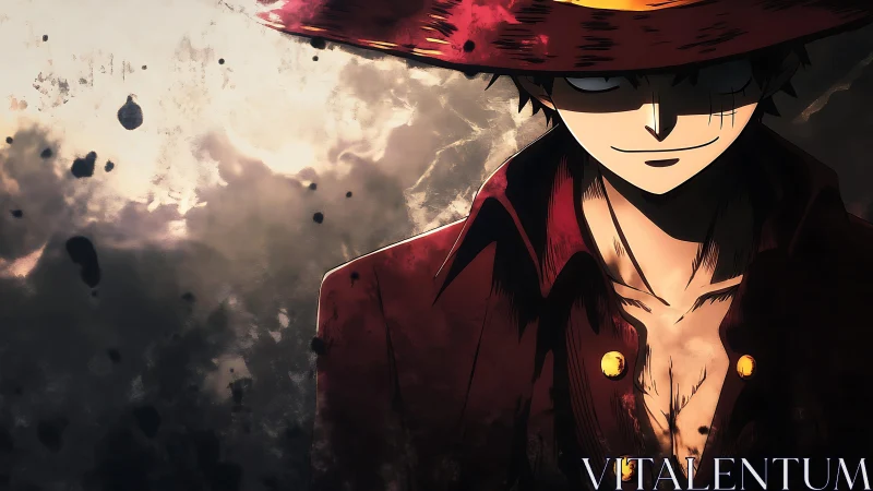 Straw hat anime figure in red coat against dark backdrop.