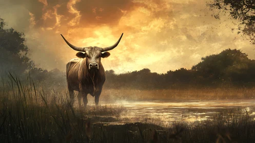 Sunlit longhorn quietly watches the evening water glow