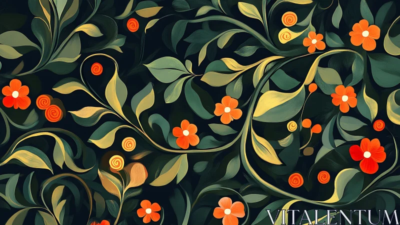 Floral scrollwork with orange blossoms on deep nightground.