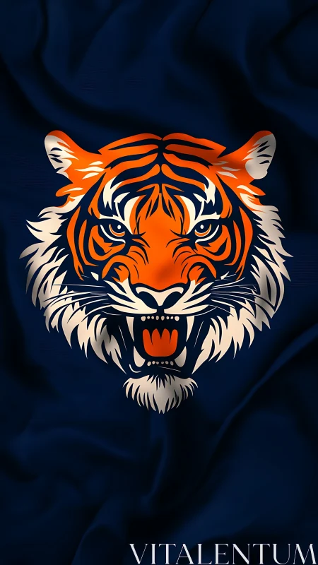 Stylized tiger head illustration on dark blue cloth field.