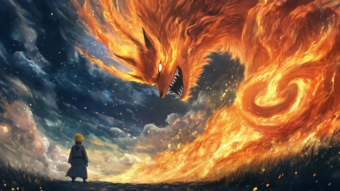 Volumetric fire-beast confronting cloaked figure at dusk sky.