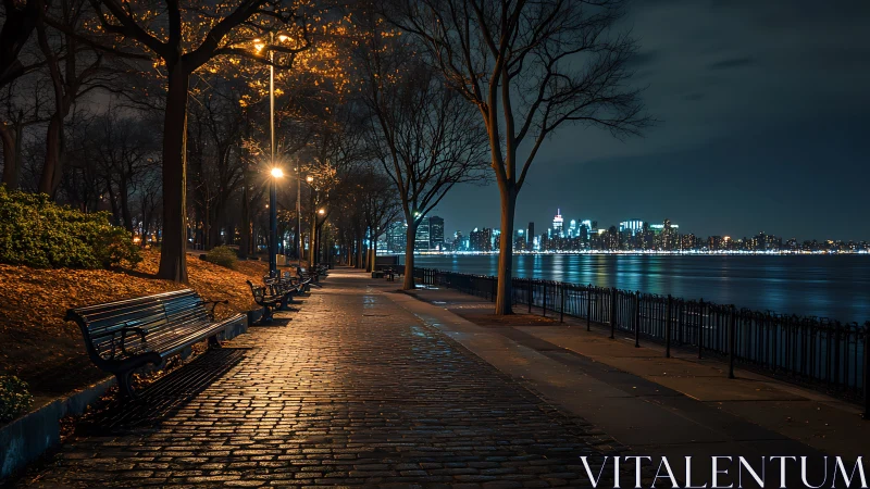 Riverwalk benches courting neon citylights at blue hour.